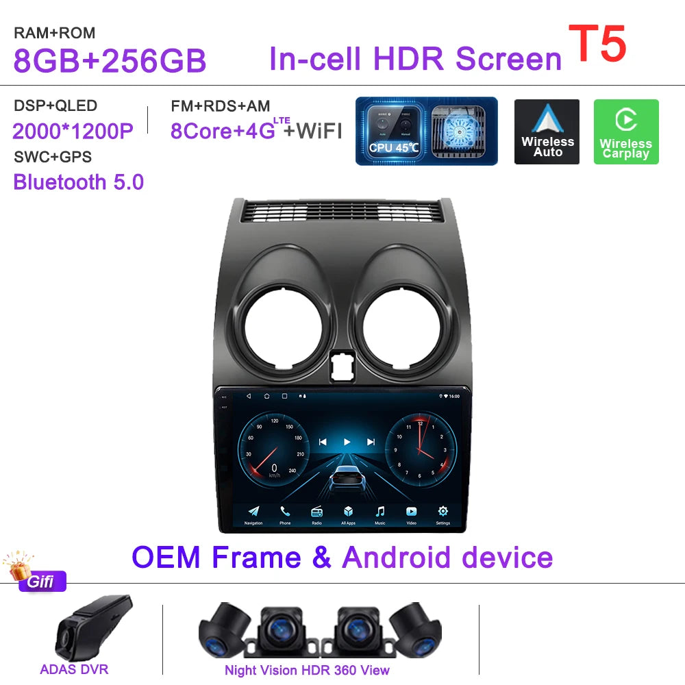 Android 16 Car Radio Carplay For Nissan Qashqai J10 2006 - 2013 Stereo Head Unit Multimedia Player No 2din DVD QLED Screen 5G
