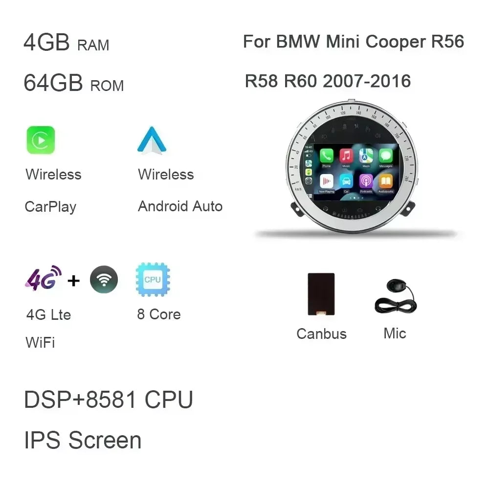 Wireless Carplay DSP 7 " Android 14.0 Car Radio Player multimedia navigation For BMW Mini Cooper R55 R56 R57 R58 R60 2007-2013