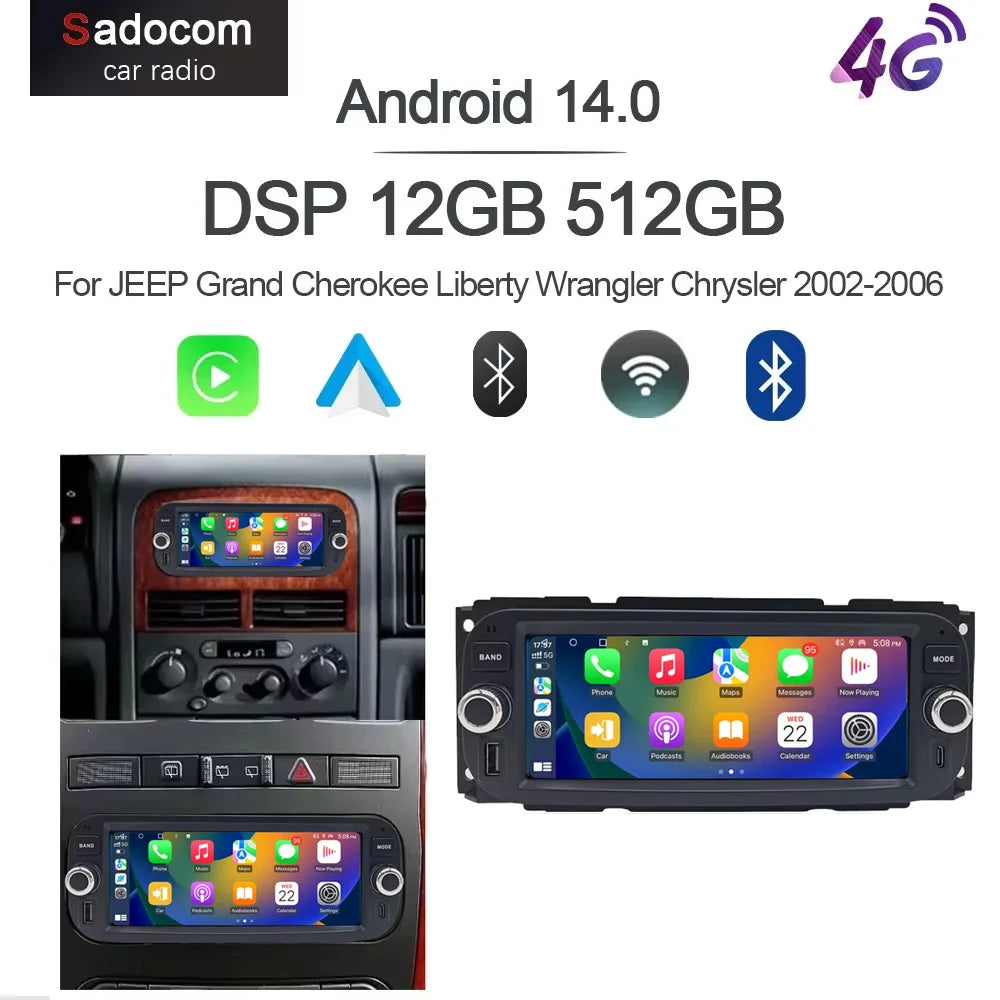 Carplay Android 14 12G ram Car Player multimedia navigation GPS WIFI For JEEP Grand Cherokee Liberty Wrangler Chrysler 2002-2006