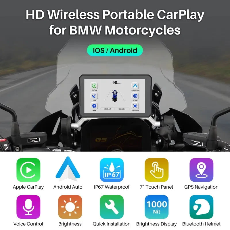 Motorcycle 7 Inch Portable GPS Navigator IP67 Waterproof Android Player HD Display  WiFi 5G Carplay for BMW Motorcycle