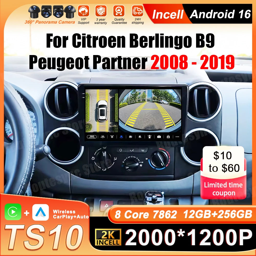 Car Multimedia Radio Player For Citroen Berlingo B9 Peugeot Partner 2008 - 2019 Carplay Auto Navigation GPS Stereo Android 16 BT