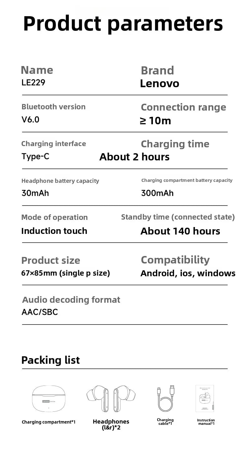 Lenovo LE229 TWS Bluetooth Kulaklık – Gerçek Kablosuz, Mikrofon, Hi-Fi Ses, Su Geçirmez