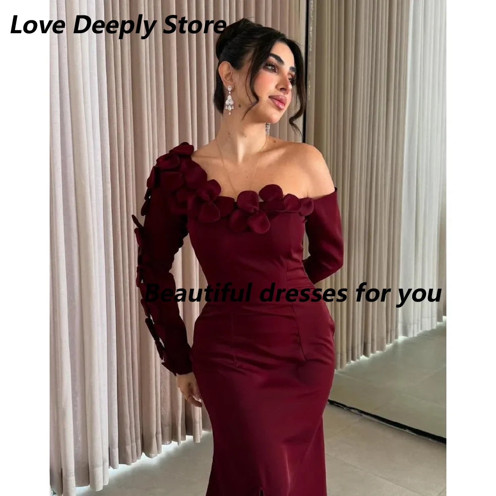 Burgundy Evening Dress for Women Elegant Off Shouler Flowers Ankle Length Mermaid Prom Gown Long Sleeves Formal Dress Customized