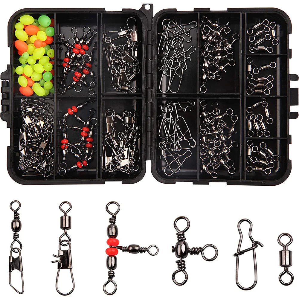 140-teiliges Anglerwirbel-Schnappkit – Kugellagerwirbel, dreifacher Anschluss und Clip-Set