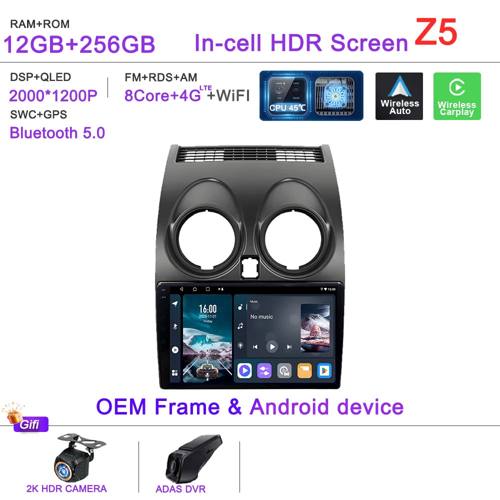 Android 16 Car Radio Carplay For Nissan Qashqai J10 2006 - 2013 Stereo Head Unit Multimedia Player No 2din DVD QLED Screen 5G