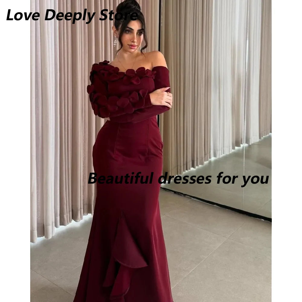 Burgundy Evening Dress for Women Elegant Off Shouler Flowers Ankle Length Mermaid Prom Gown Long Sleeves Formal Dress Customized
