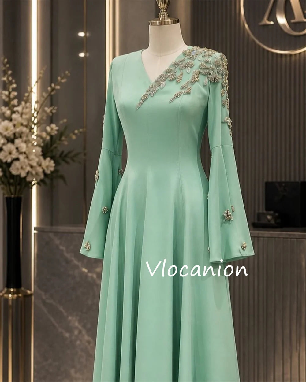 Customized Fashion Jersey Pleat Sequined A-line V-neck Long Bespoke Occasion Celebrity Dresses Chinese Style