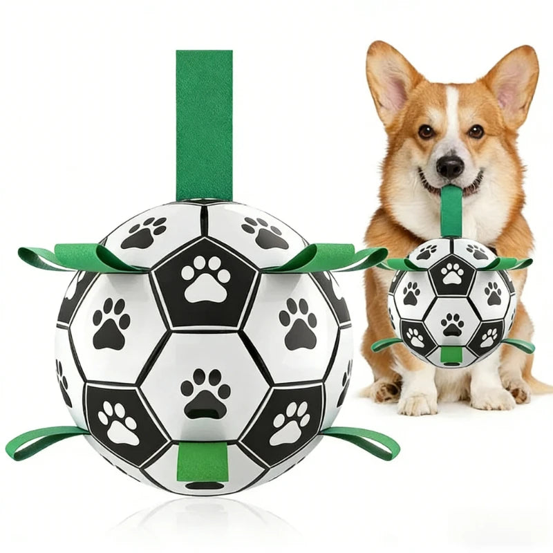 Interactive Dog Toys for Tug of War Dog Soccer Ball with Straps for Indoor Outdoor Dog Tug Toy Sturdy Ball Fetch Toy