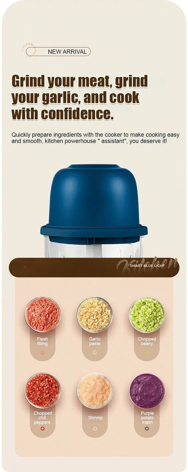 Elektrischer Knoblauch- und Zwiebelhacker 260 ml – 1-Knopf-Bedienung, Multifunktions-Küchenmaschine, Fleischwolf
