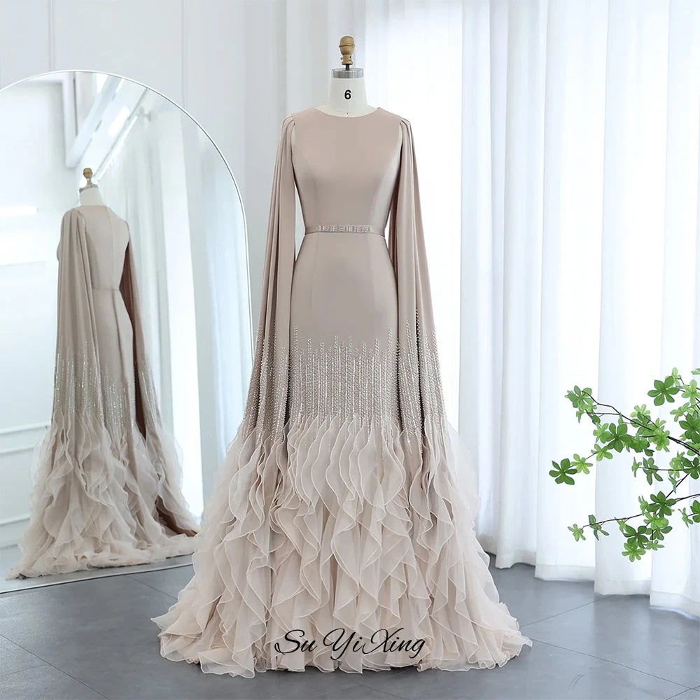 Classic Long Sleeves Organza Party Dress Temperament O-Neck Customized Evening Dress Elegant Pearls Sequined Prom Gown with Belt