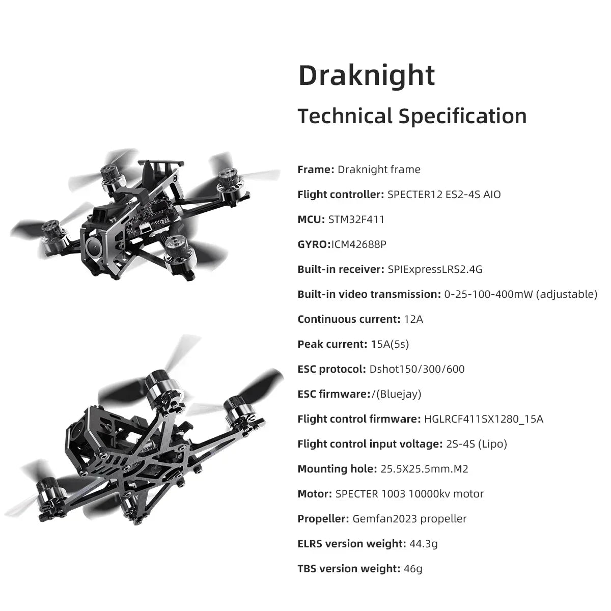 HGLRC 2025 New Draknight 2inch 91.8mm Toothpick FPV Drone with SPECTER12 ES2-4S AIO 400mW VTX SPECTER 1003 10000KV Motor