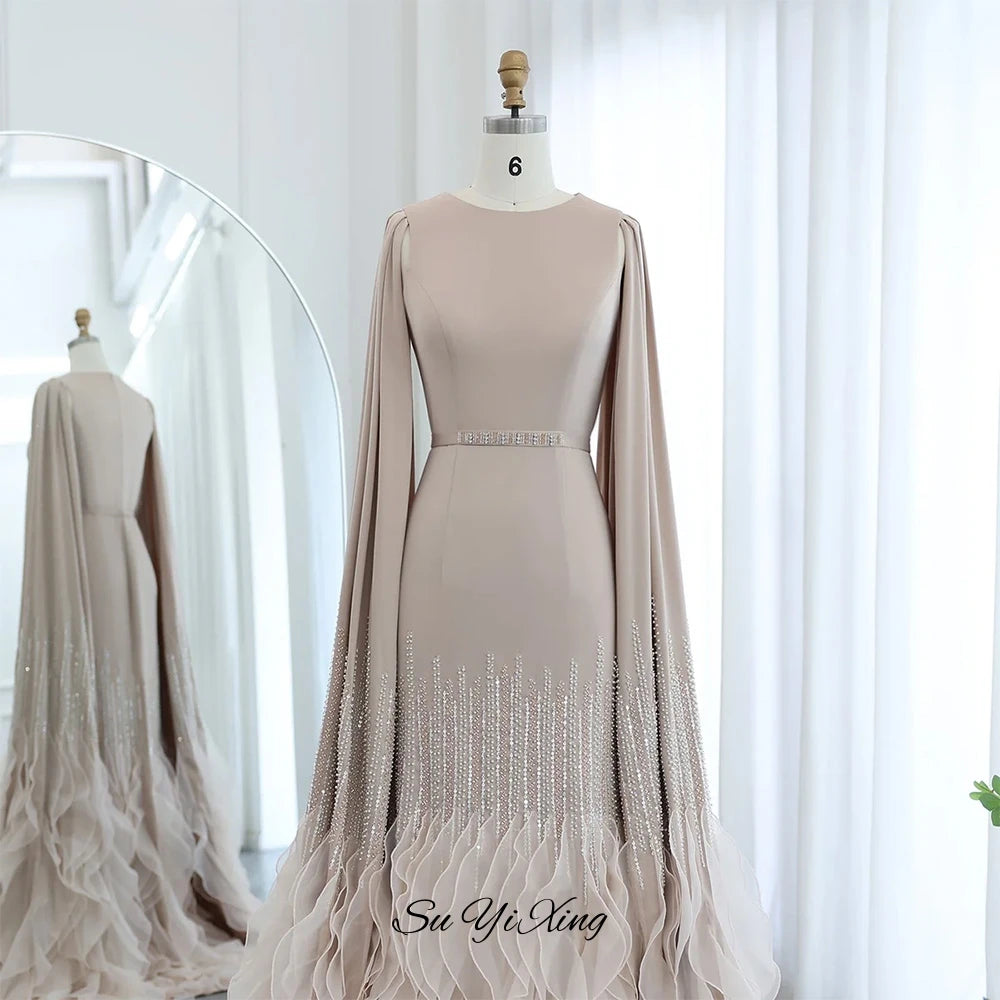 Classic Long Sleeves Organza Party Dress Temperament O-Neck Customized Evening Dress Elegant Pearls Sequined Prom Gown with Belt