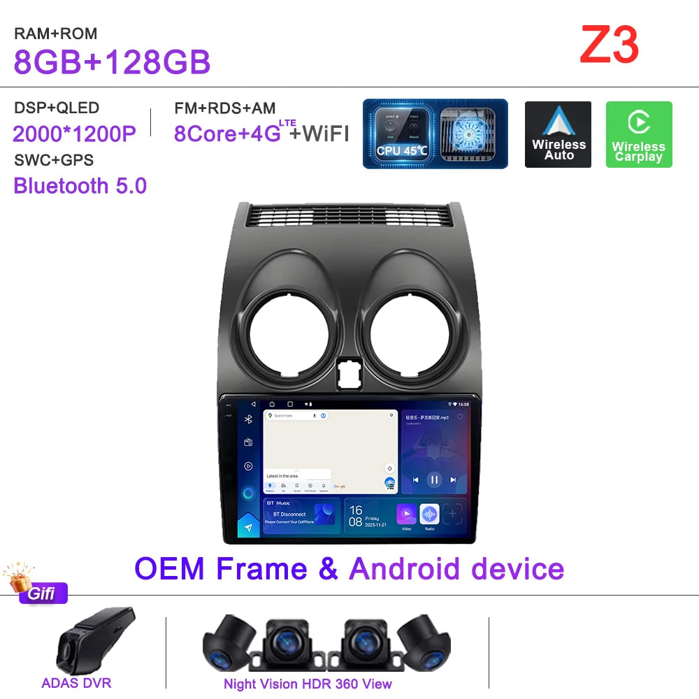 Android 16 Car Radio Carplay For Nissan Qashqai J10 2006 - 2013 Stereo Head Unit Multimedia Player No 2din DVD QLED Screen 5G