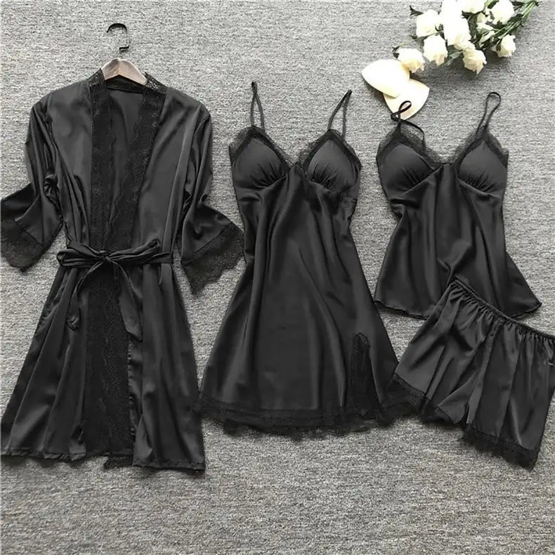 Ladies Ice Silk Sexy 4 Piece Pajama Set Camisole Nightgown with Robe Lace Design Built In Chest Pad Comfortable Loungewear