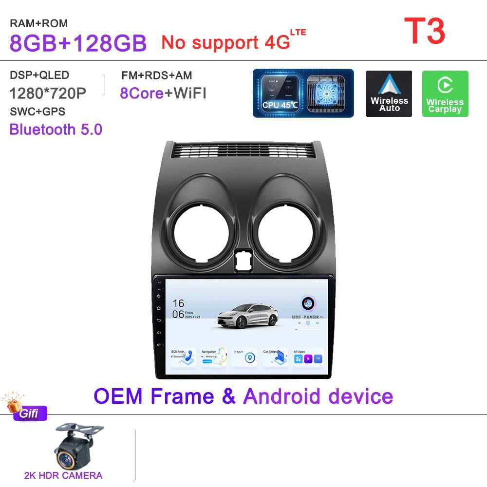 Android 16 Car Radio Carplay For Nissan Qashqai J10 2006 - 2013 Stereo Head Unit Multimedia Player No 2din DVD QLED Screen 5G