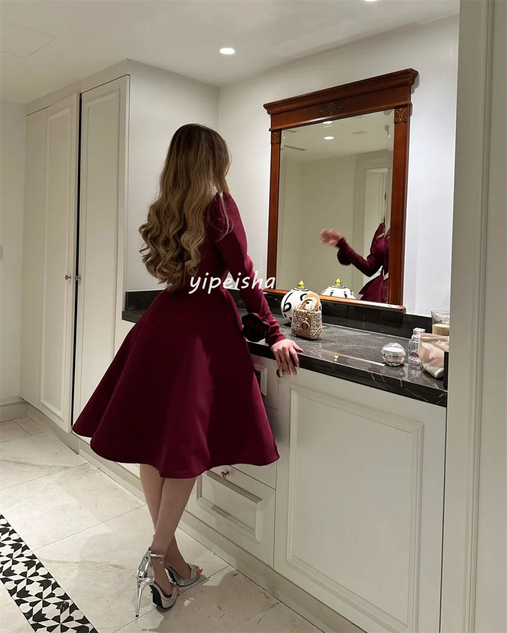 Customized Modern Style High Quality Jersey Pleat Flower A-line Square Neck Knee Length Dresses Bespoke Occasion Dresses Formal