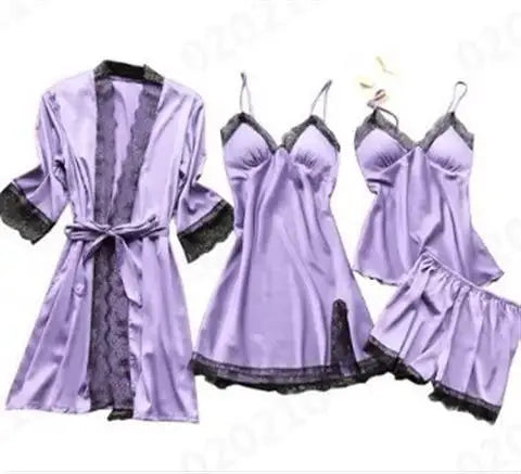 Ladies Ice Silk Sexy 4 Piece Pajama Set Camisole Nightgown with Robe Lace Design Built In Chest Pad Comfortable Loungewear