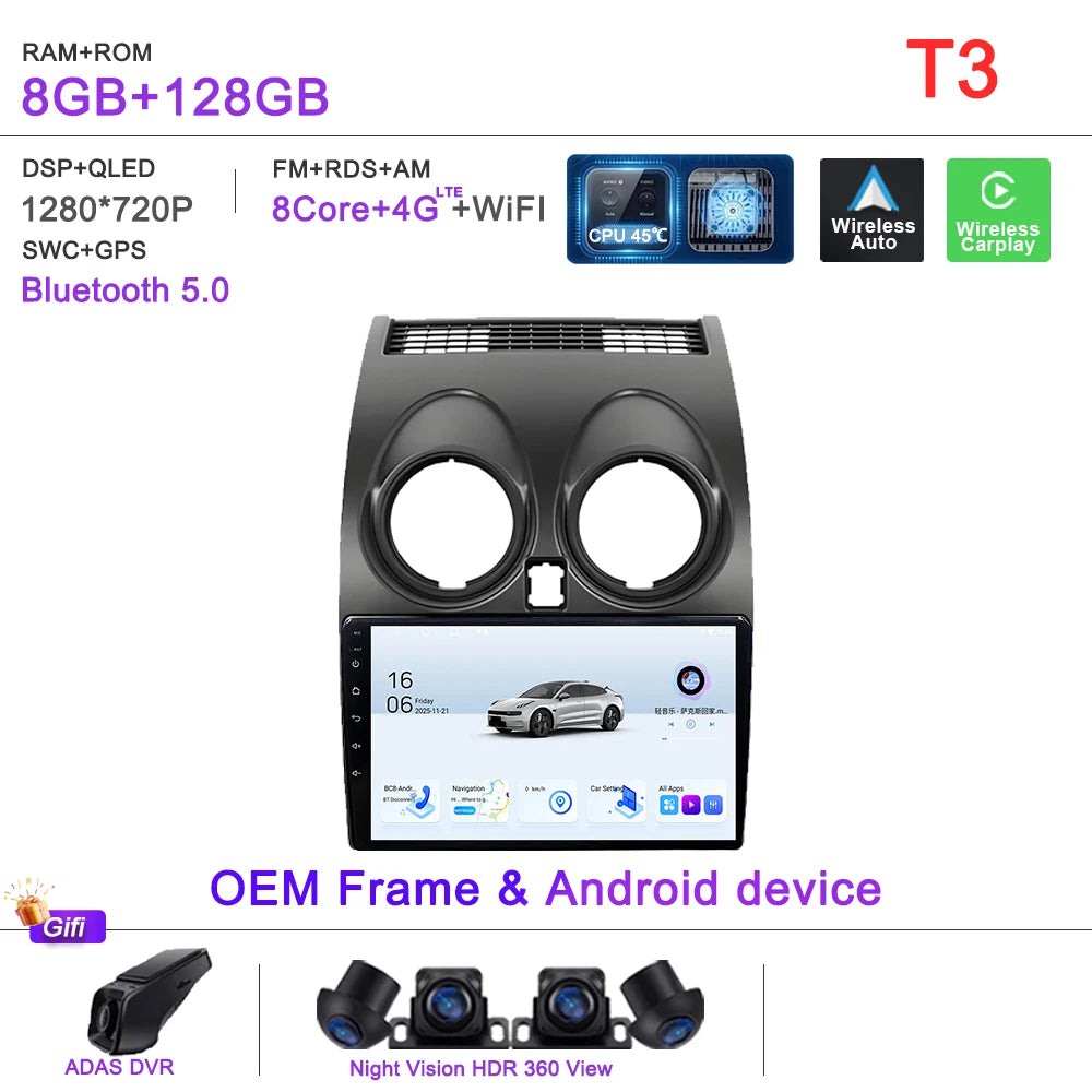 Android 16 Car Radio Carplay For Nissan Qashqai J10 2006 - 2013 Stereo Head Unit Multimedia Player No 2din DVD QLED Screen 5G