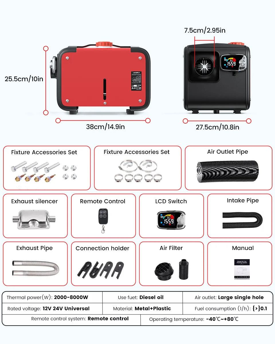 KROAK 5-8KW 12V Diesel Air Heater All in One Car Parking Diesel with LCD Switch For Car Truck Boat RV 24V Parking Diesel Heater