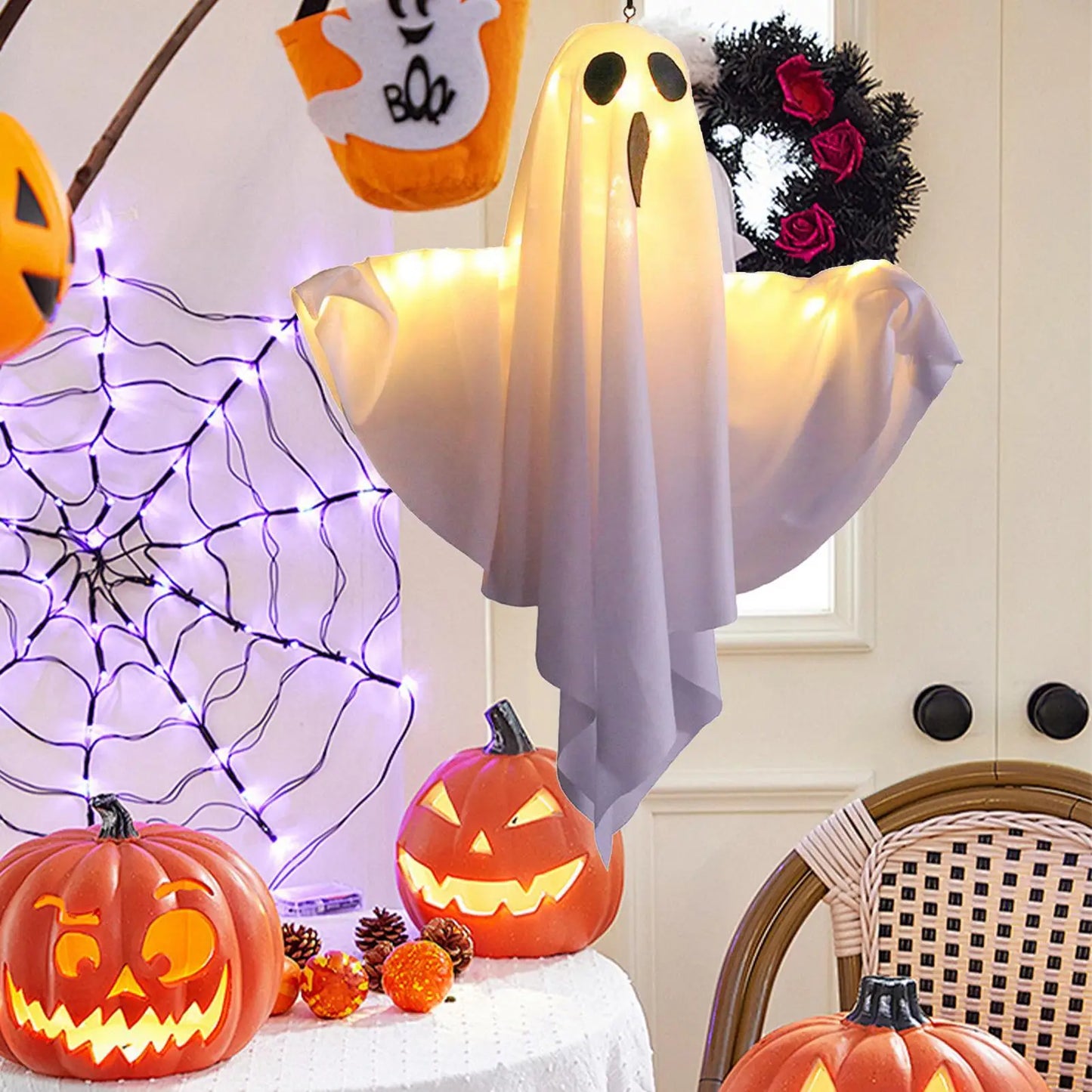 Light Up Halloween LED Ghost Hangs Decoration White Flying Ghosts Tree Ornaments Halloween Pendant For House Party Supplies