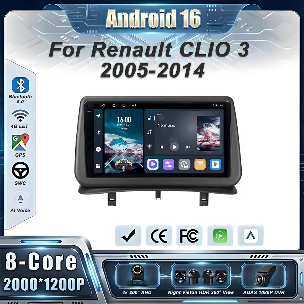 Car GPS Android 16 Auto Radio For Renault Clio 3 CLIO 3 2005-2014 Stereo Head Unit No 2din DVD QLED Screen Dash Cam Multimedia