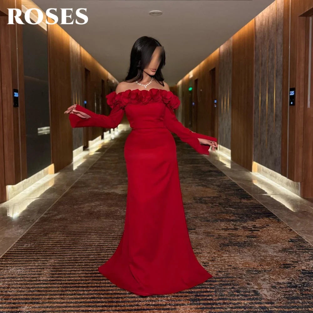 ROSES Red Elegant Party Dresses Off Shoulder Night Dresses with Pleats Satin Full Sleeve Celebrity Dress for Woman Customized