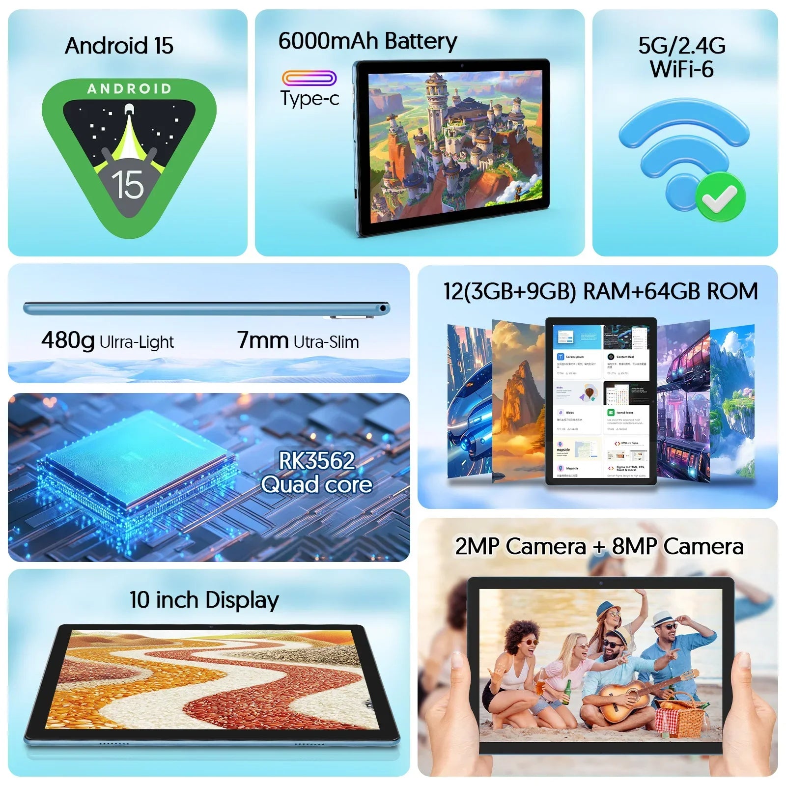 BAKEN 10 İnç Android 15 Tablet - Dört Çekirdekli, 12GB RAM + 64GB Depolama, 5G WiFi, 1280x800 Çift Kamera