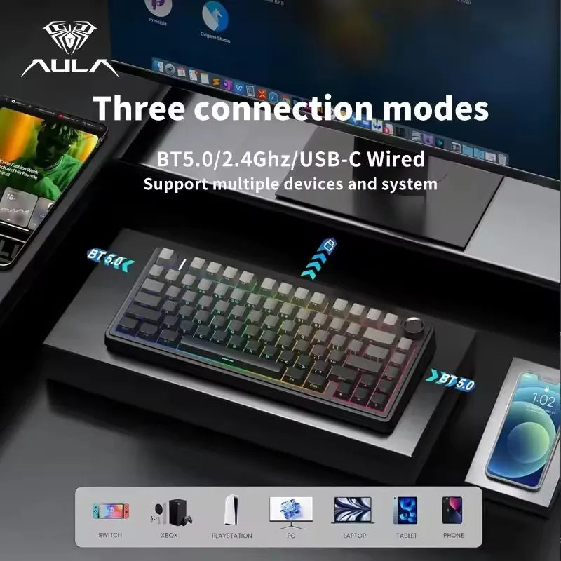 AULA F75 Mekanik Oyun Klavyesi – RGB, 75%, Tri-Mode (2.4G/Bluetooth/Kablo), Gasket Yapı, Gradient Tasarım