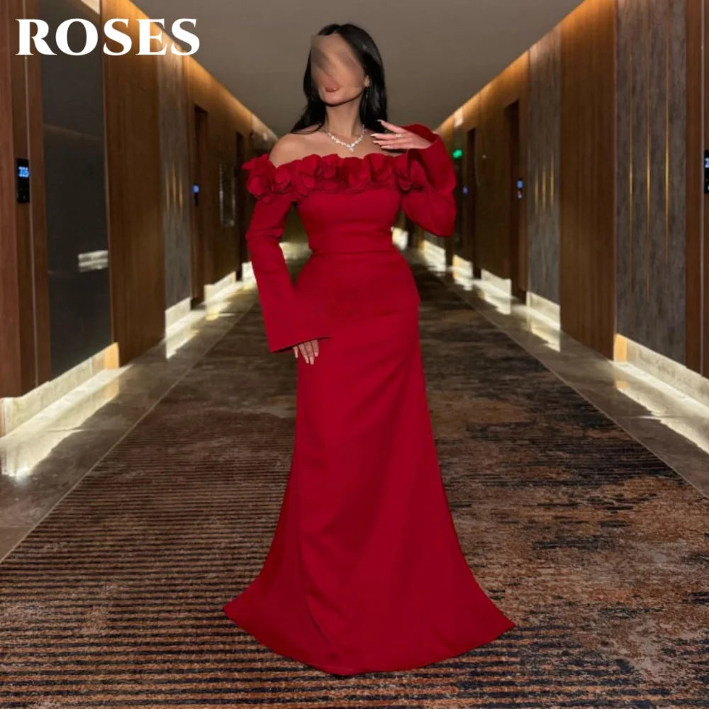 ROSES Red Elegant Party Dresses Off Shoulder Night Dresses with Pleats Satin Full Sleeve Celebrity Dress for Woman Customized