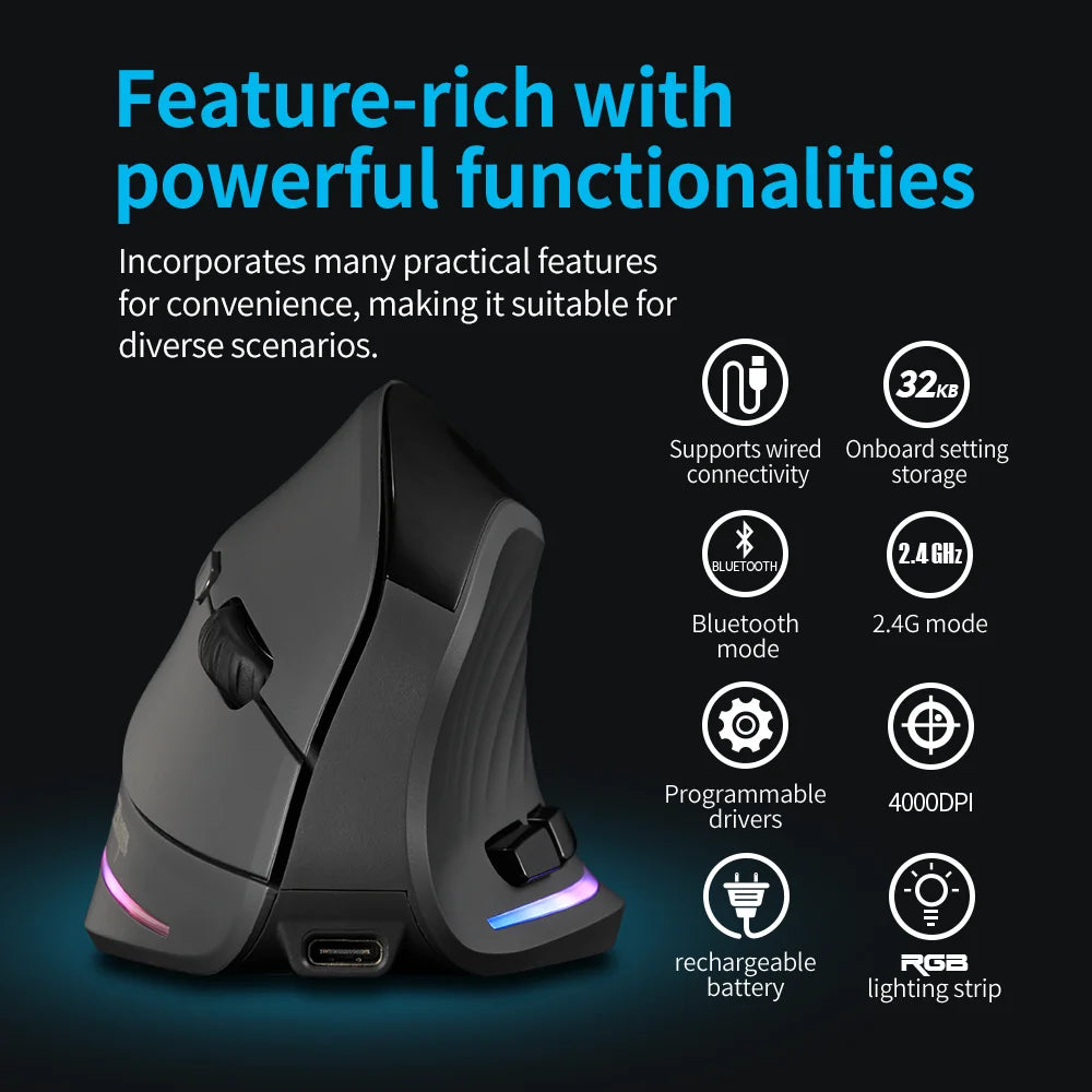 Lefon 2.4G Ergonomik Şarj Edilebilir Kablosuz Dikey Mouse - PC, Laptop ve MacOS Uyumlu (F35C/F35B/F35)