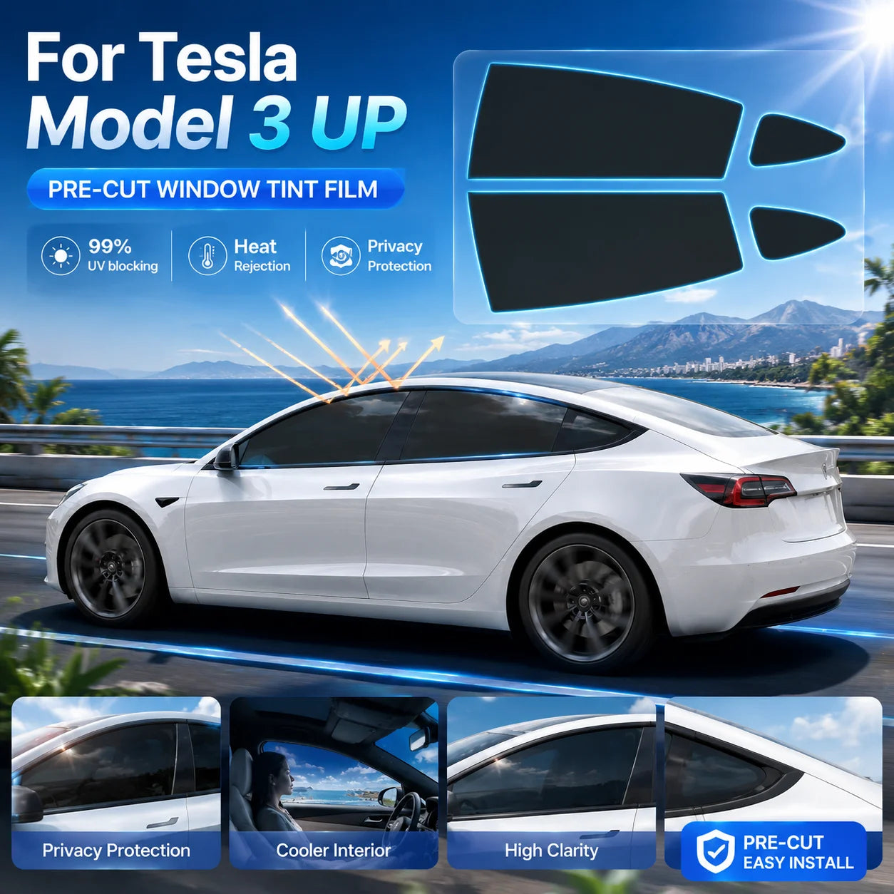 For Tesla Model 3 UP Pre-cut Window Privacy Tint Film One Way Solar UV Protector Heat Rejection Car Glass Sticker Summer