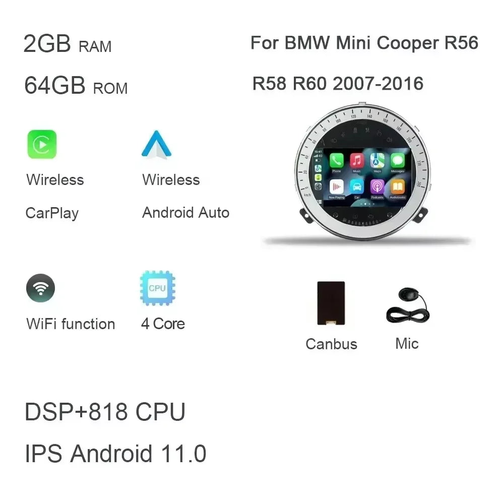 Wireless Carplay DSP 7 " Android 14.0 Car Radio Player multimedia navigation For BMW Mini Cooper R55 R56 R57 R58 R60 2007-2013
