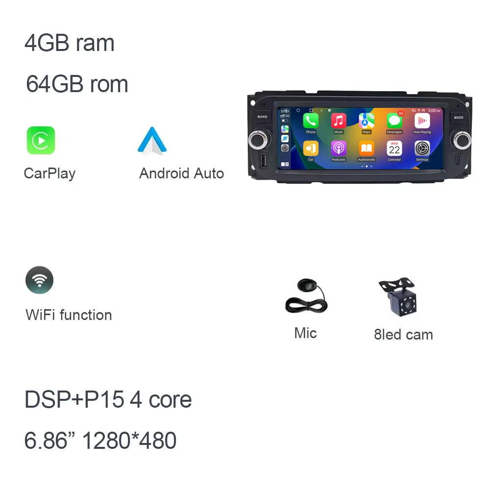 Carplay Android 14 12G ram Car Player multimedia navigation GPS WIFI For JEEP Grand Cherokee Liberty Wrangler Chrysler 2002-2006
