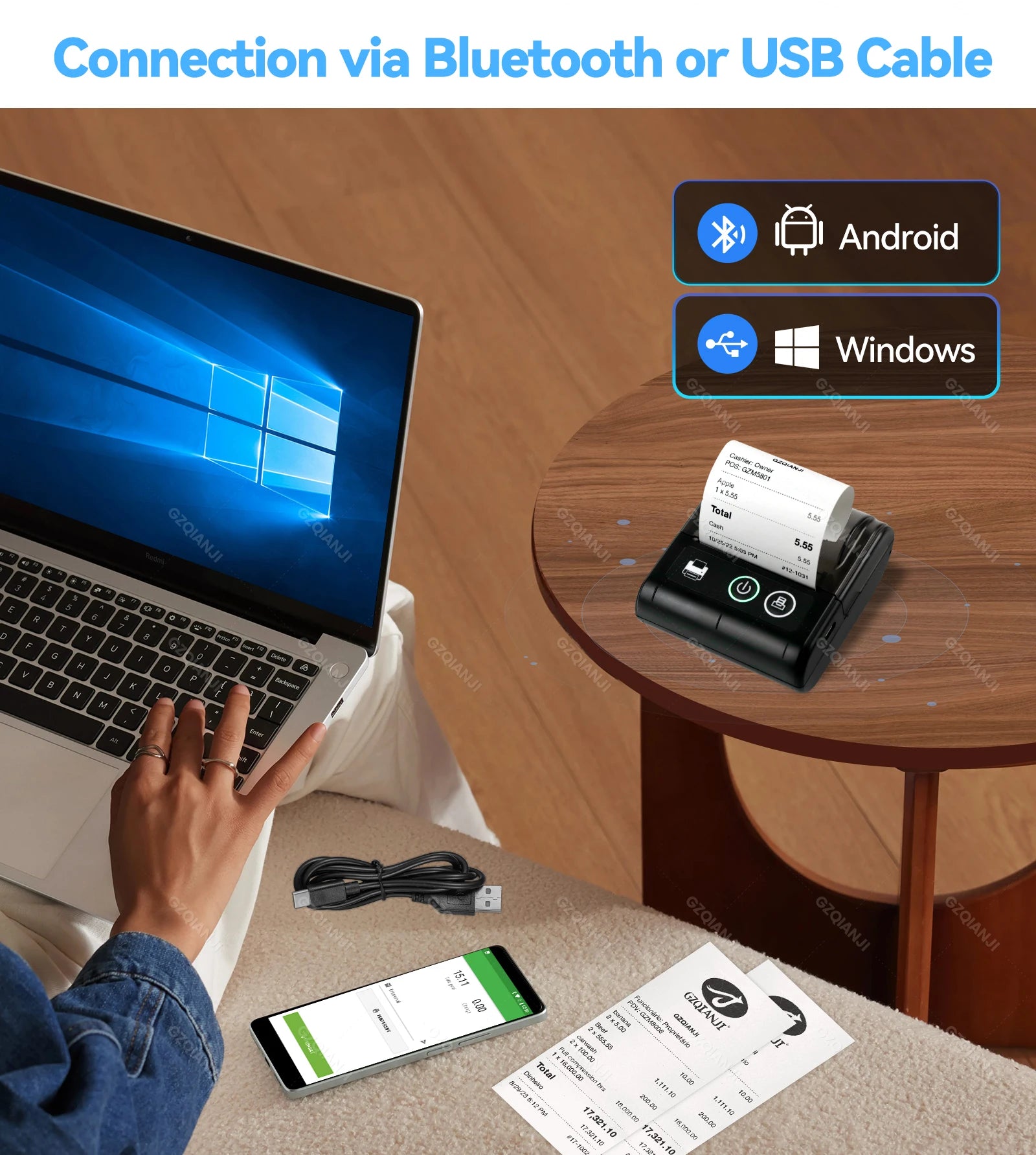 58MM Mini Cep Termal Fiş Yazıcısı - Bluetooth, USB, Kablosuz, Taşınabilir POS Yazıcı - Android/iOS/PC Uyumlu