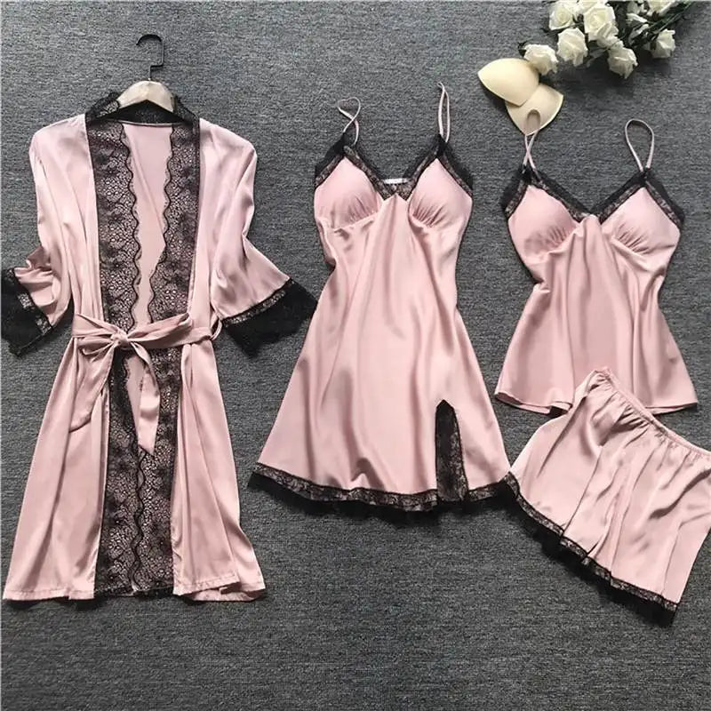 Ladies Ice Silk Sexy 4 Piece Pajama Set Camisole Nightgown with Robe Lace Design Built In Chest Pad Comfortable Loungewear