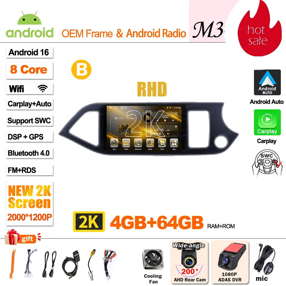 For KIA PICANTO Morning 2 2011 2012 - 2015 2016 Android 16 Car Radio Multimedia Video WIFI Player GPS Wireless Auto RSD DSP