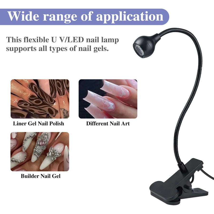 5W UV Jel Tırnak Kür Lambası – Klipsli LED UV Işık, Esnek Tüp, USB Jel Oje Kurutucu