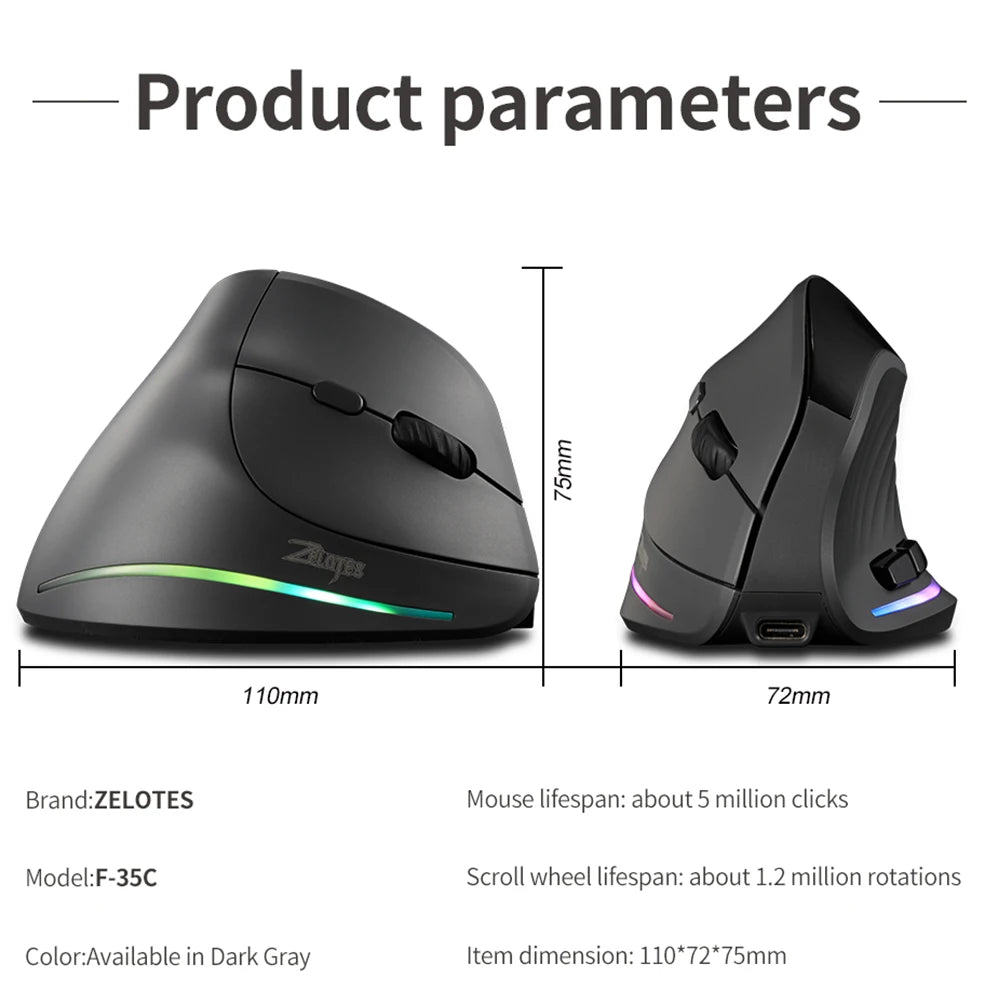 Lefon 2.4G Ergonomik Şarj Edilebilir Kablosuz Dikey Mouse - PC, Laptop ve MacOS Uyumlu (F35C/F35B/F35)