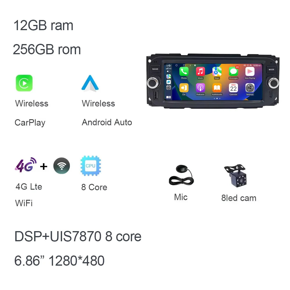 Carplay Android 14 12G ram Car Player multimedia navigation GPS WIFI For JEEP Grand Cherokee Liberty Wrangler Chrysler 2002-2006