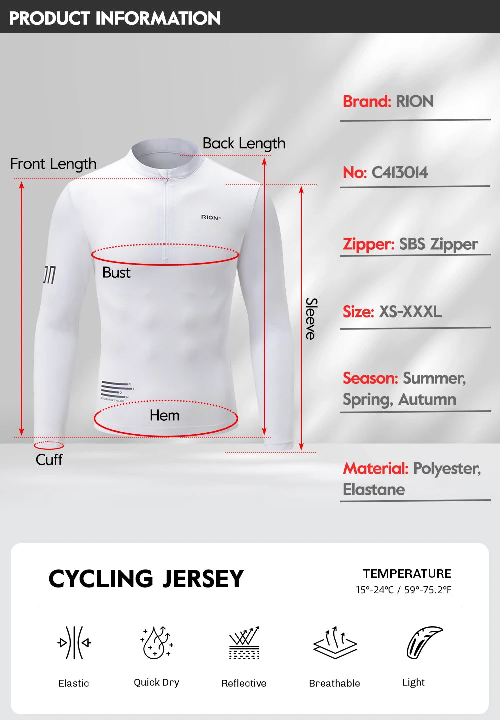 RION Cycling Jersey Men's Bicycle Shirts Half Zipper Long Sleeves Road Bike Clothing Sun Protection UPF 50+ Slim Fit 15℃- 24℃