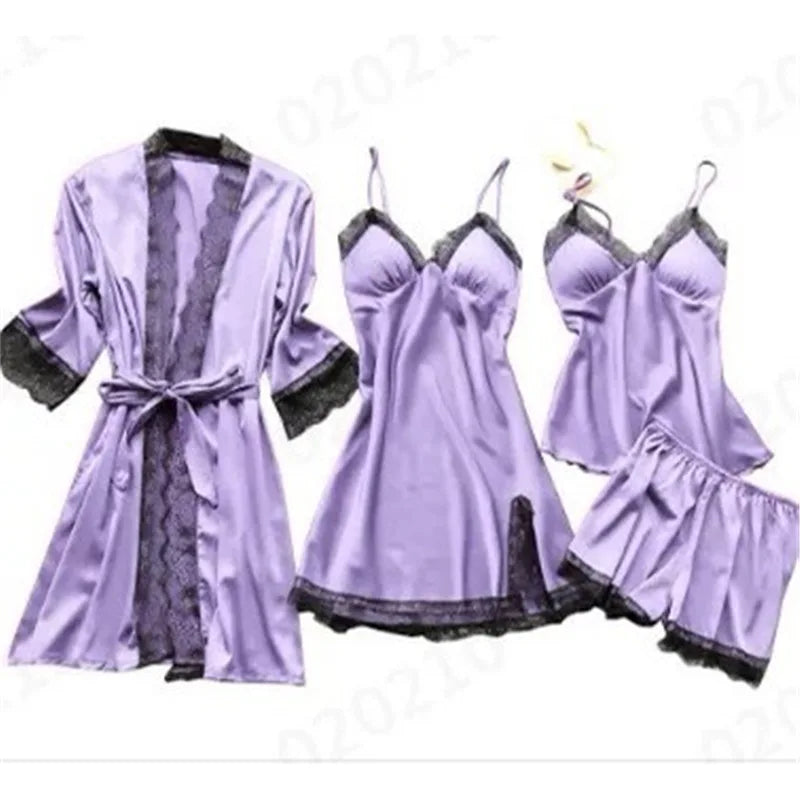 Ladies Ice Silk Sexy 4 Piece Pajama Set Camisole Nightgown with Robe Lace Design Built In Chest Pad Comfortable Loungewear