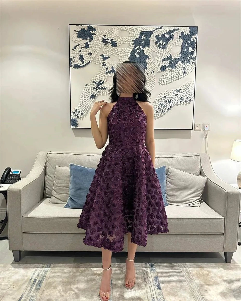 Customized Eleagnt Halter A-line Empire Party Dress 3D Flower Ankle Length Sleeveless Lace Formal Evening Gowns فستان 이브닝드레스
