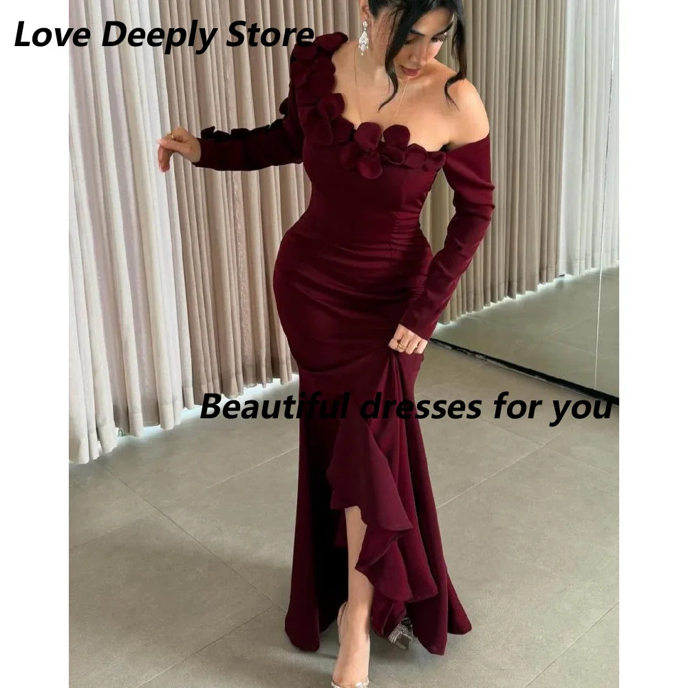 Burgundy Evening Dress for Women Elegant Off Shouler Flowers Ankle Length Mermaid Prom Gown Long Sleeves Formal Dress Customized