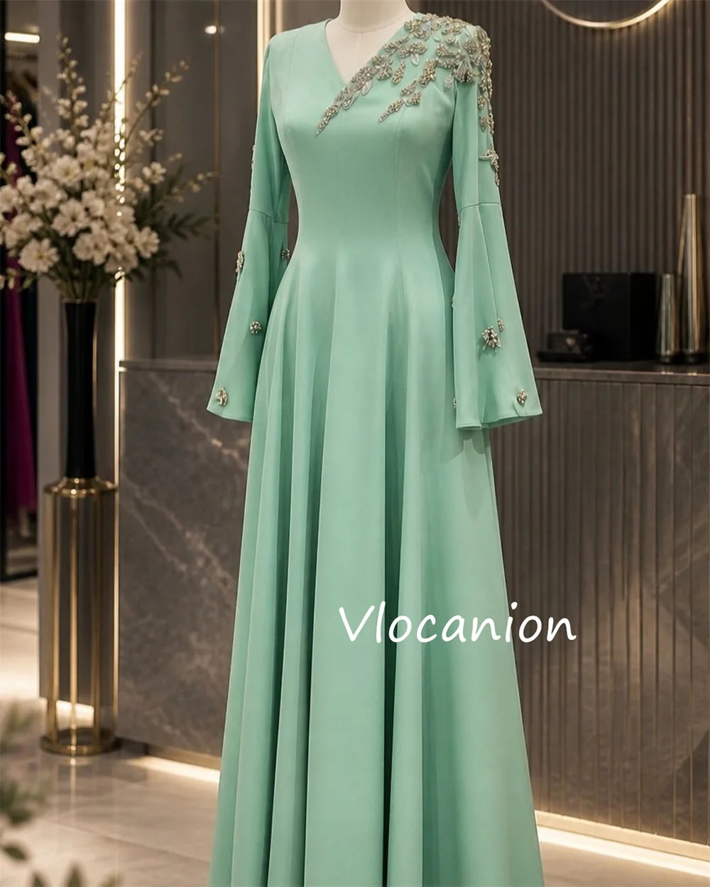 Customized Fashion Jersey Pleat Sequined A-line V-neck Long Bespoke Occasion Celebrity Dresses Chinese Style
