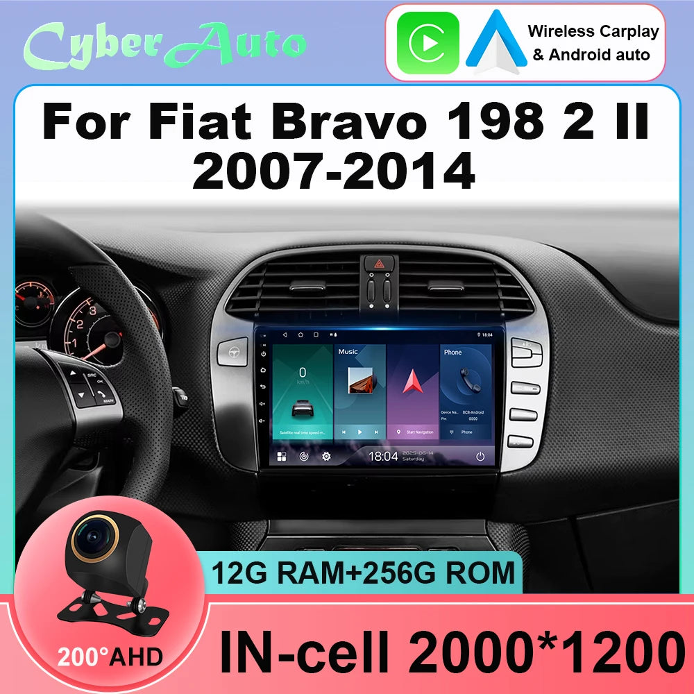 Android 16 For Fiat Bravo 198 2 II 2007 - 2014 2K QLED Stereo Car Radio Multimedia Video Player GPS 4G CarPlay