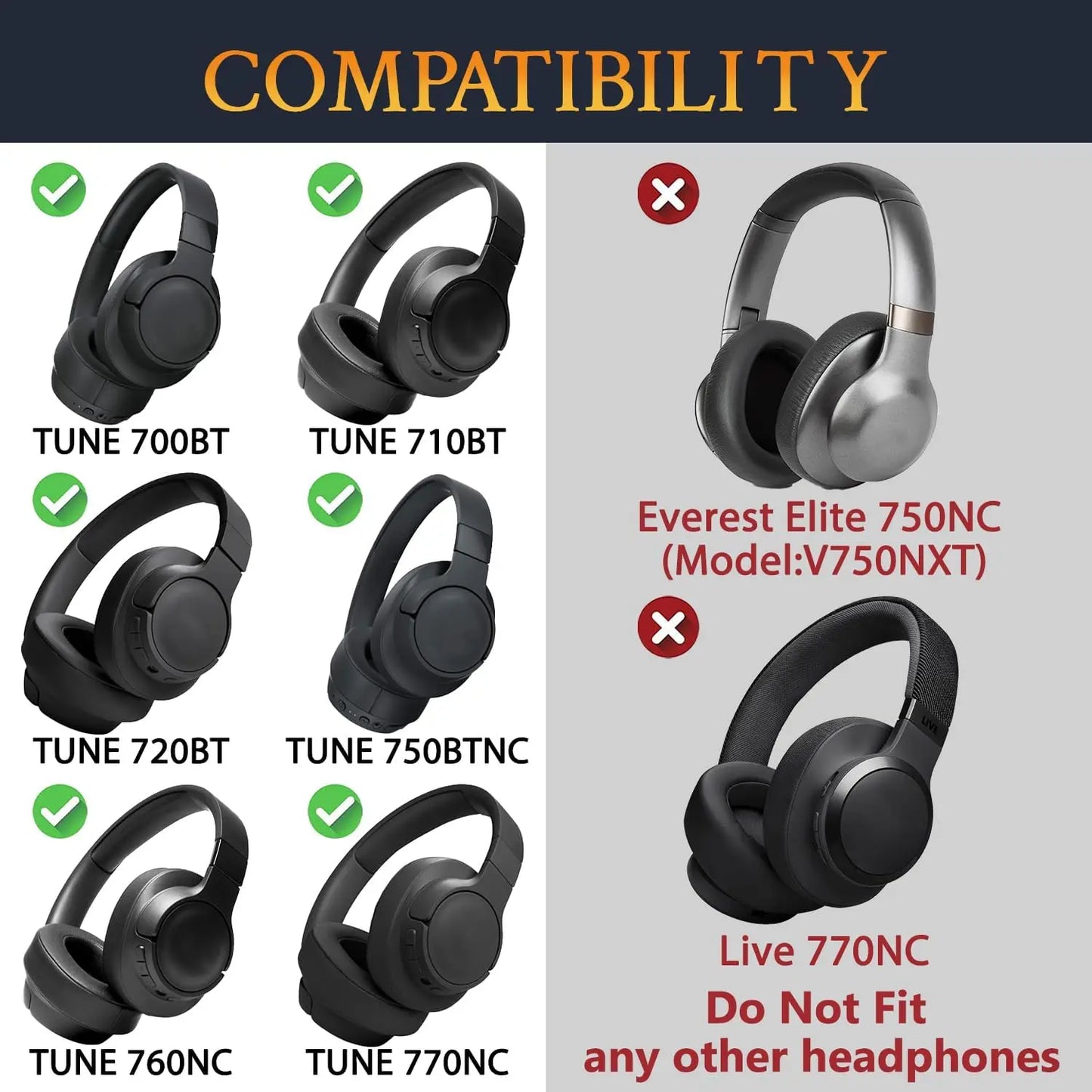JBL Tune 700BT, 710BT, 720BT, 750BTNC, 760NC, 770NC Uyumlu Yedek Kulak Minderi ve Kafa Bandı