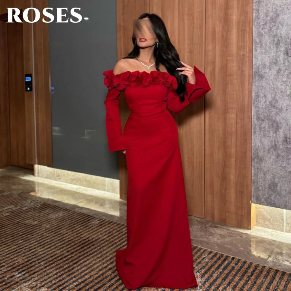 ROSES Red Elegant Party Dresses Off Shoulder Night Dresses with Pleats Satin Full Sleeve Celebrity Dress for Woman Customized