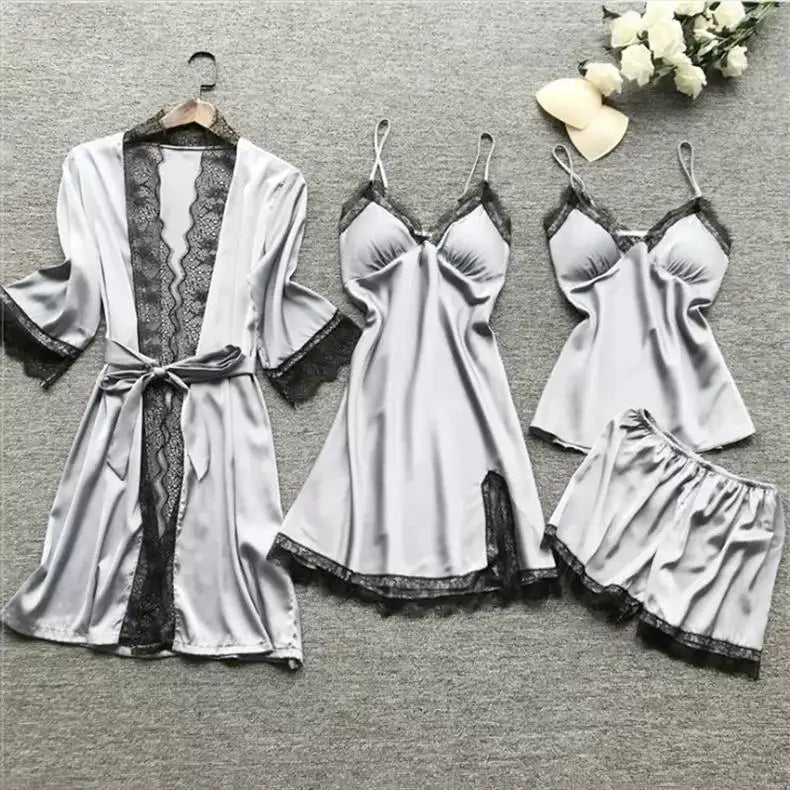 Ladies Ice Silk Sexy 4 Piece Pajama Set Camisole Nightgown with Robe Lace Design Built In Chest Pad Comfortable Loungewear