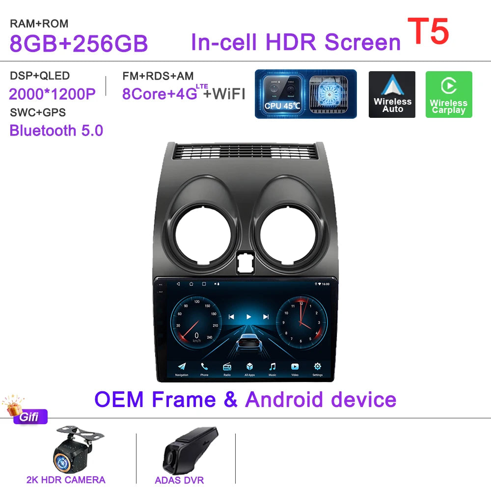 Android 16 Car Radio Carplay For Nissan Qashqai J10 2006 - 2013 Stereo Head Unit Multimedia Player No 2din DVD QLED Screen 5G