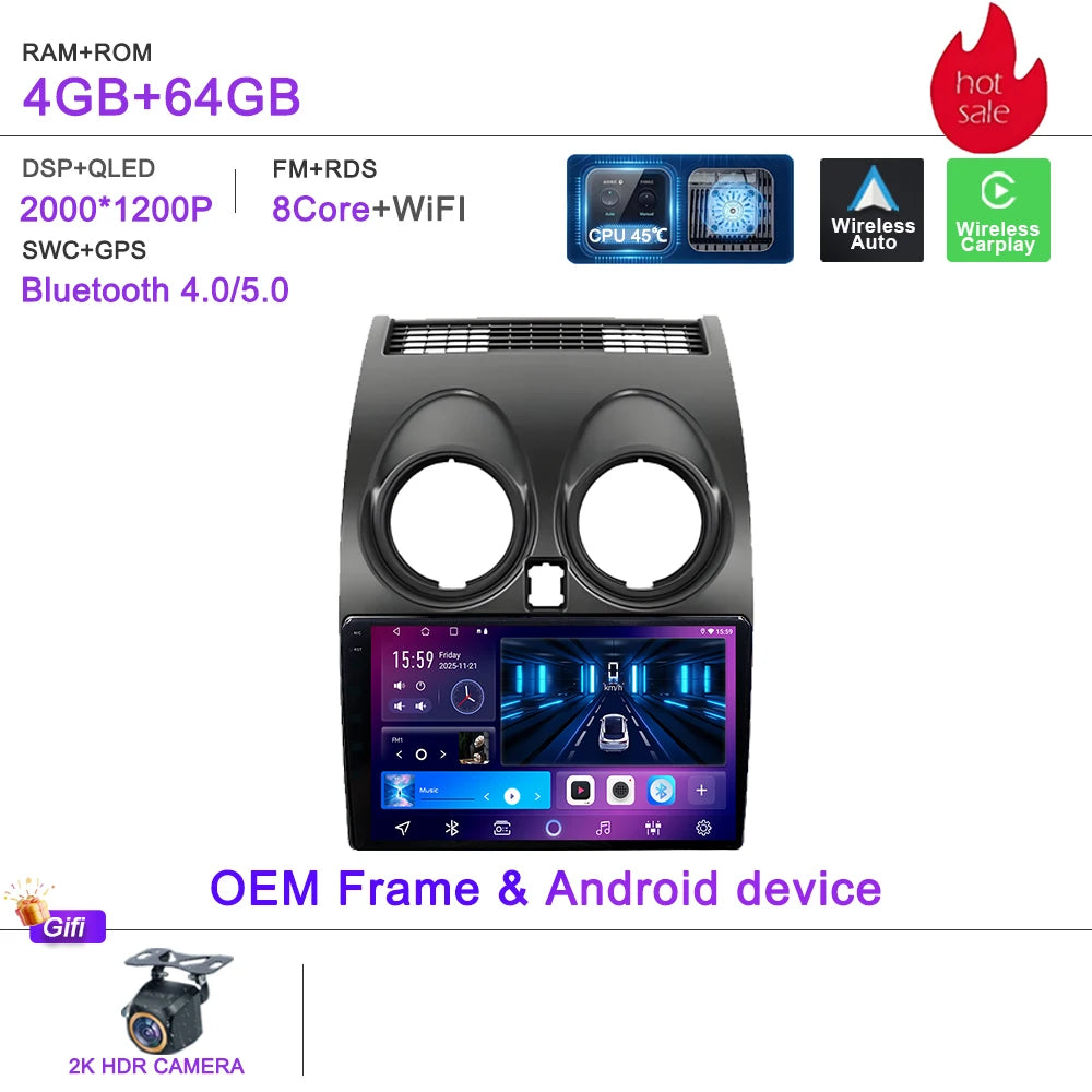 Android 16 Car Radio Carplay For Nissan Qashqai J10 2006 - 2013 Stereo Head Unit Multimedia Player No 2din DVD QLED Screen 5G